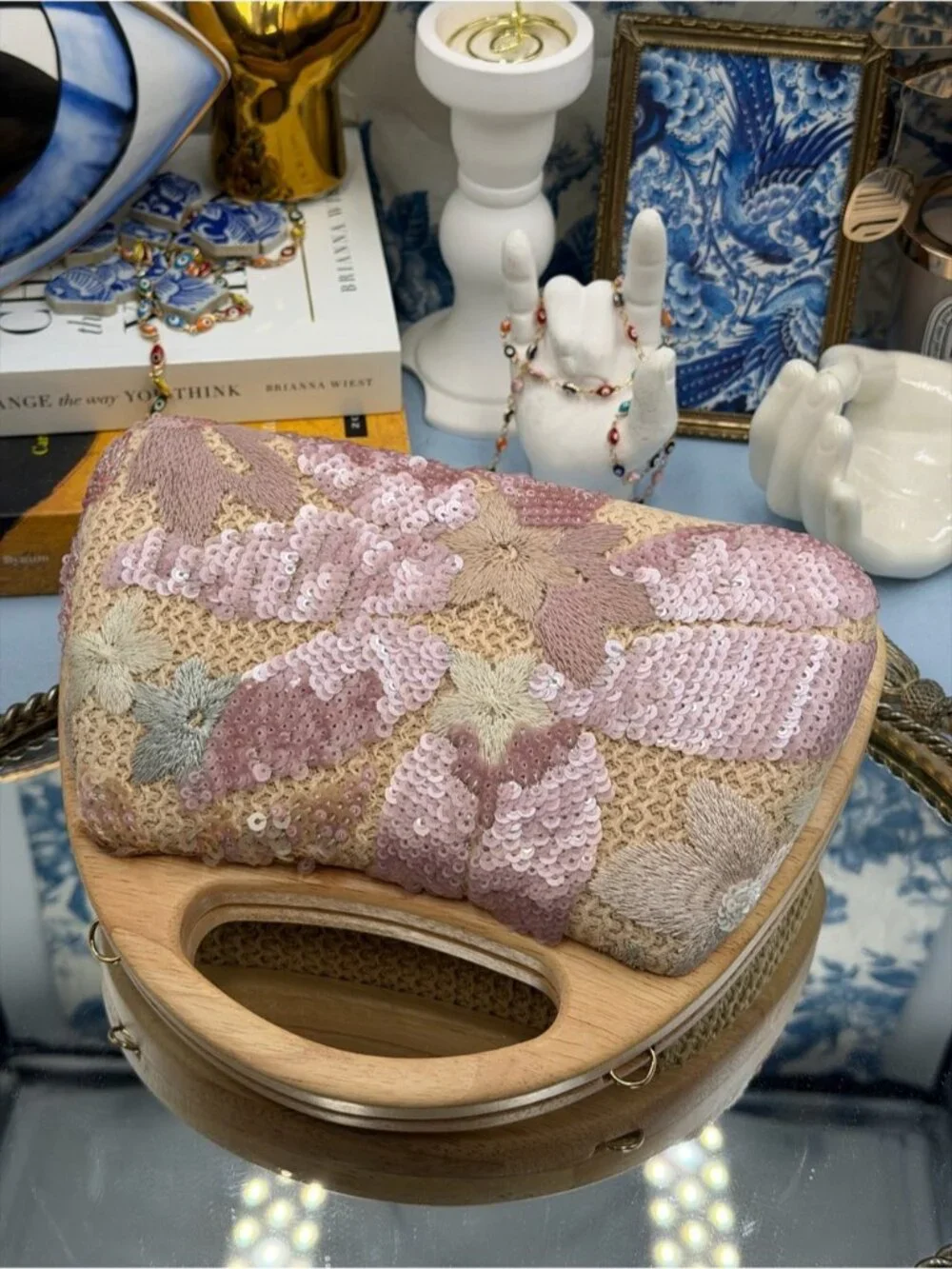 🆕 HAUTE HIPPIE 🧿 NWOT Floral Sequin & Crochet Wooden Clutch w Chain, Pink - Picture 16 of 16